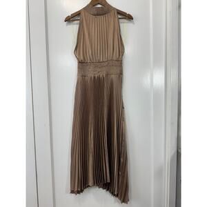 Do + Be Mocha Pleated Satin Asymmetric Smocked Halter Dress Sz S Mocha Goddess